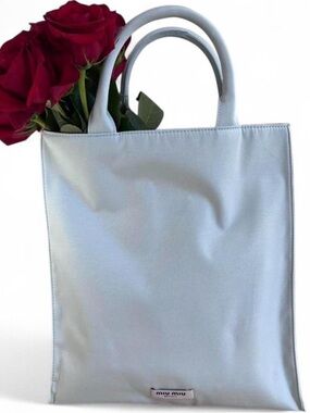 Authentic Miu Miu Pastel Blue Canvas Tote Bag with Black inside lining